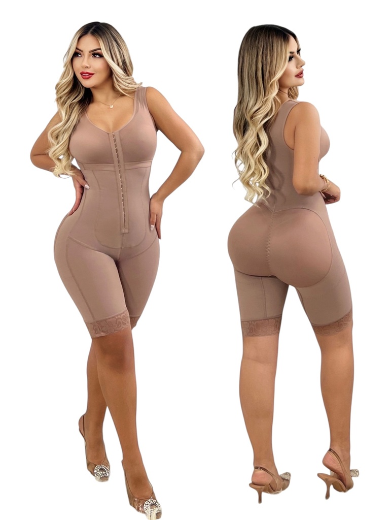 [386220122CS] Faja Post Quirúrgica Colombiana Cuerpo Completo Marrón Rosado con Cierre de Ganchos – FF (S)