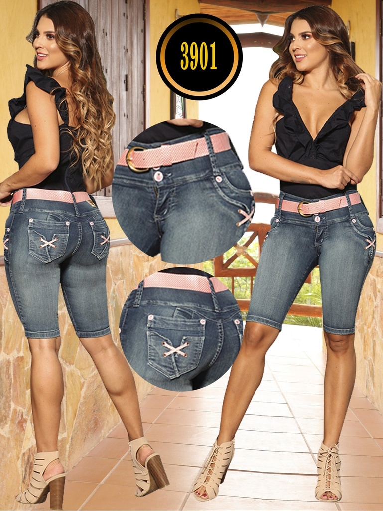 [502390101] Women's Medium Wash Butt-Lifting Knee-Length Jeans with Pocket Embellishments – Cokette (1)
