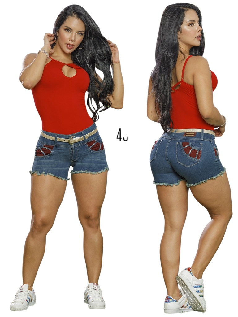 [5024336CK05] Short Levantacola de Jean Azul Medio con Bolsillos Bordados en Rojo (5)
